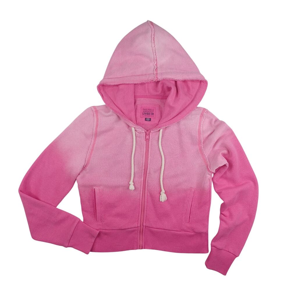 American Eagle Cropped Hoodie Jacket Women's M Pink Ombre Zip Lived In Barbie